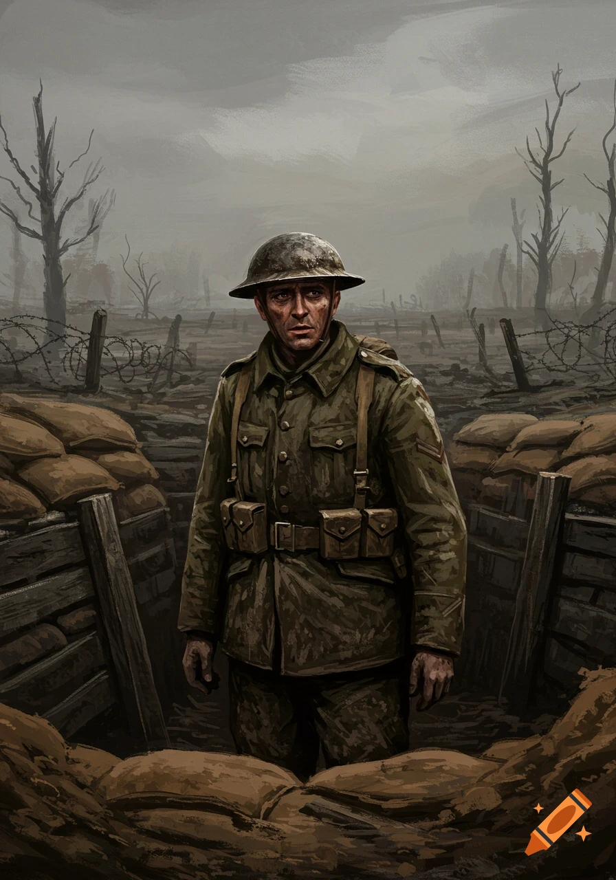 A somber WWI soldier stands in a muddy trench amidst a desolate, war-torn landscape, painted in an oil painting style.