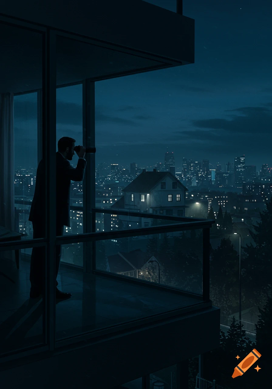 A silhouetted man stands on a modern apartment balcony, looking through binoculars at a distant house and city skyline at night.
