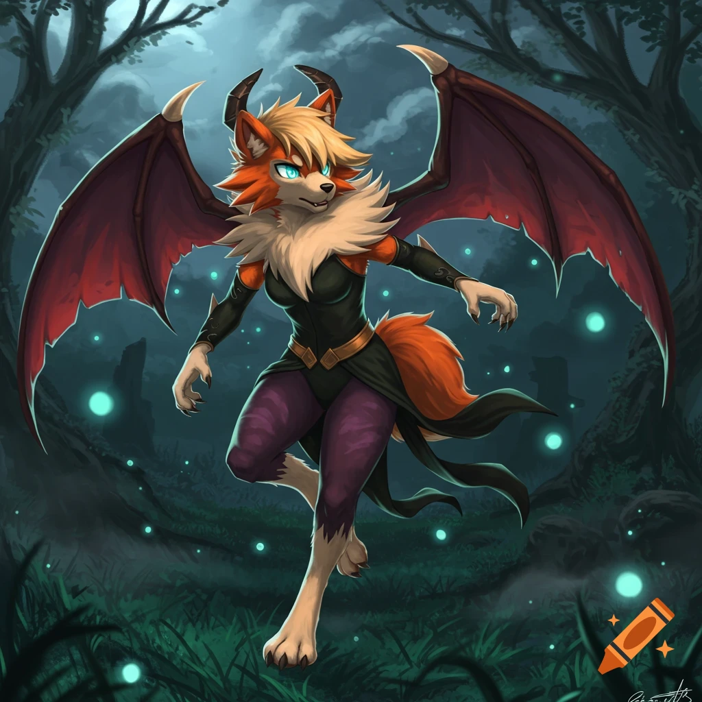 An anthropomorphic fox with bat wings and horns stands in a dark, magical forest with glowing blue orbs.