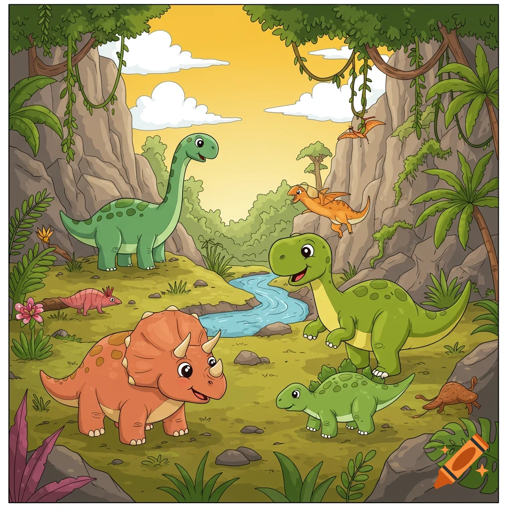 Cartoon dinosaurs including a Triceratops, Brontosaurus, and T-Rex in a lush prehistoric valley with a river.