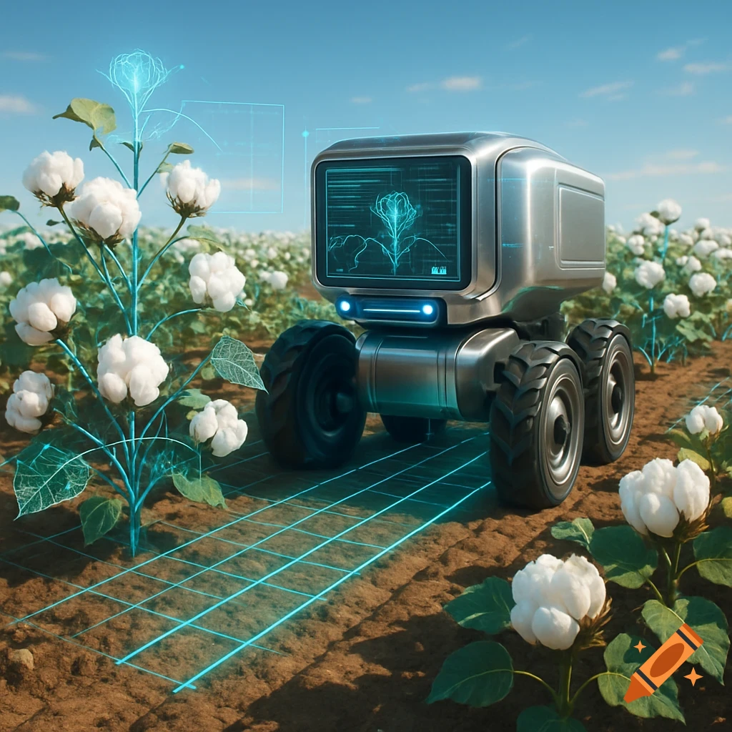 A futuristic silver robot with a screen on its back navigates a cotton field with glowing blue data lines connecting to plants and mapping the ground.