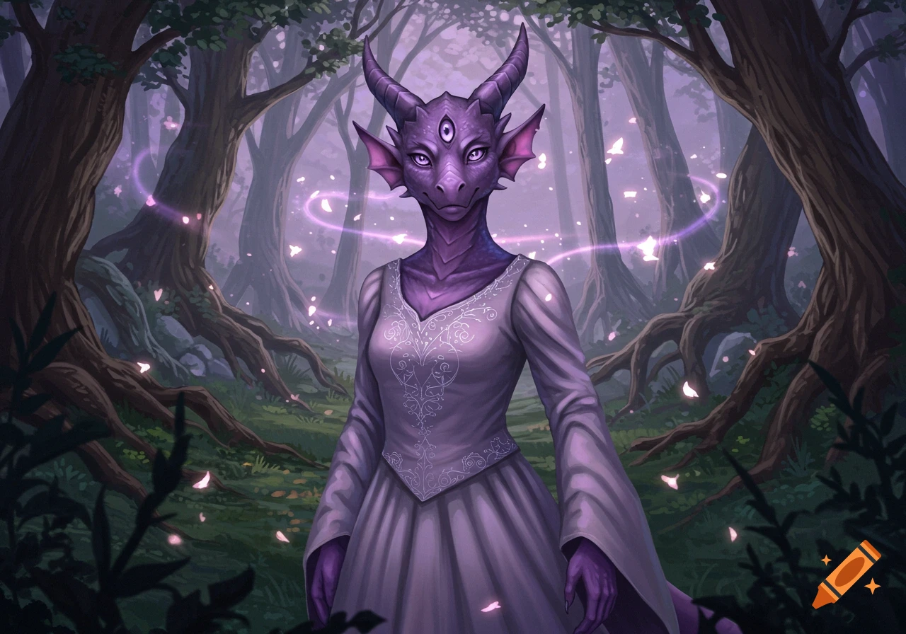 A purple reptilian creature with three eyes wears a medieval dress in an enchanted forest with glowing lights.