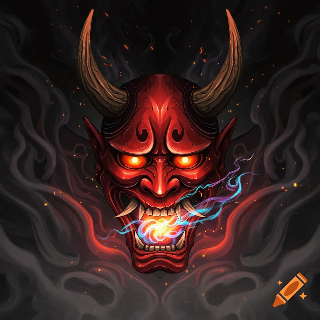 A vibrant red Oni mask with glowing orange eyes and prominent horns, emanating colorful energy and smoke.