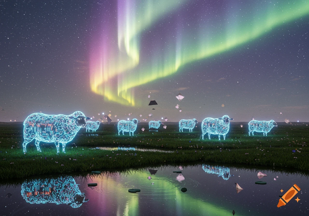 Glowing, circuit-patterned sheep graze in a field under a vibrant aurora borealis, reflected in a puddle at night.