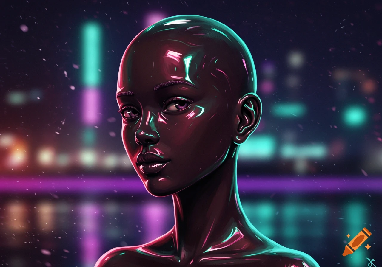 An anime-style portrait of a bald woman with dark, shiny skin and large ears, reflecting neon city lights in the background.