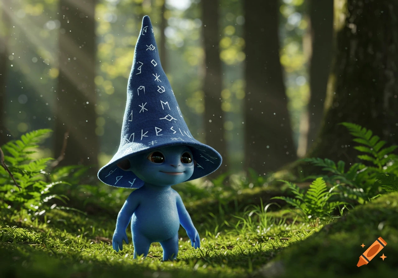 A little blue gnome-like alien with big eyes and a tall pointy blue hat adorned with symbols stands on a mossy forest floor with sunlight rays.