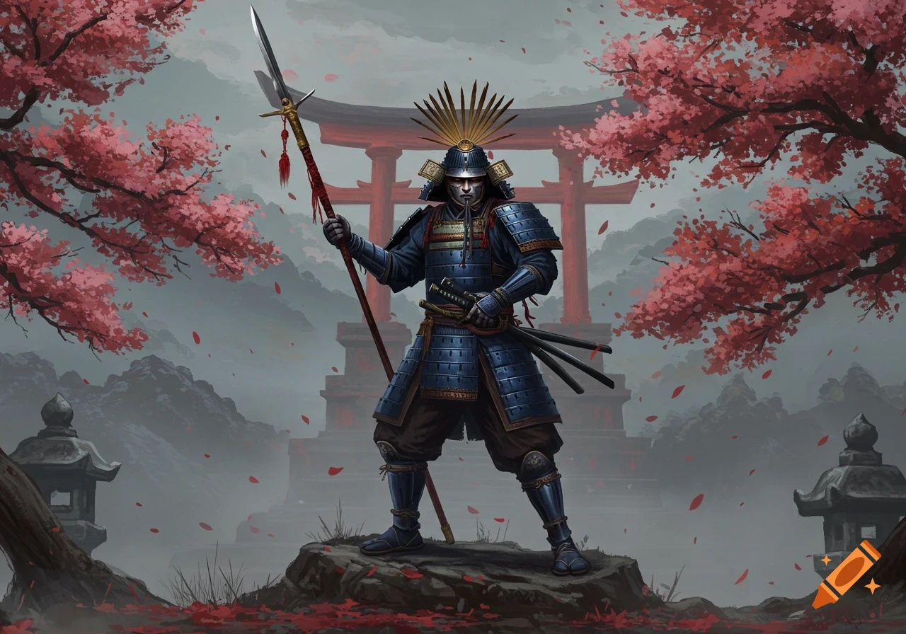 A samurai in blue armor holding a spear stands on a rock, with a red torii gate and pink cherry blossoms in a misty Japanese landscape.