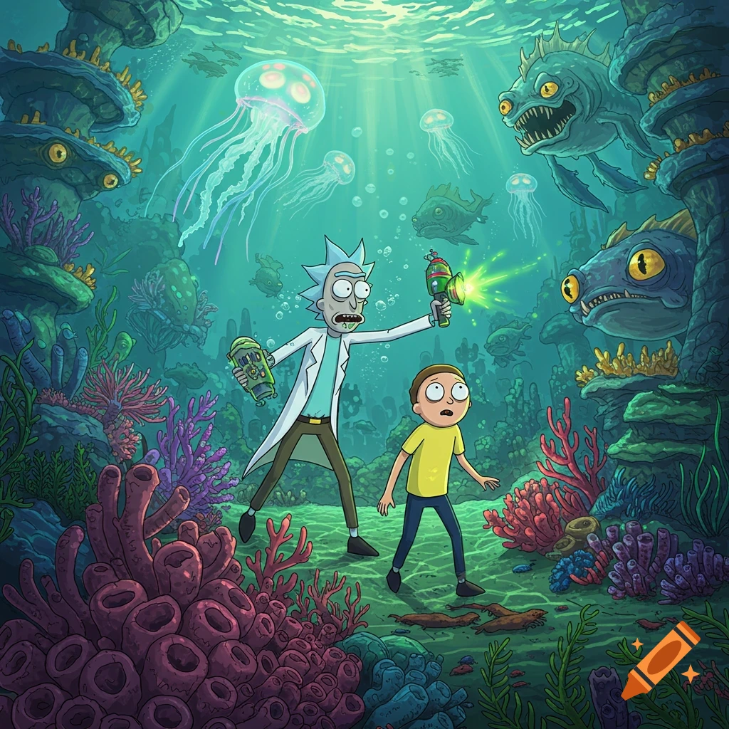 Rick and Morty explore a vibrant underwater world with glowing jellyfish, menacing fish, and colorful coral reefs. Rick holds a glowing weapon.