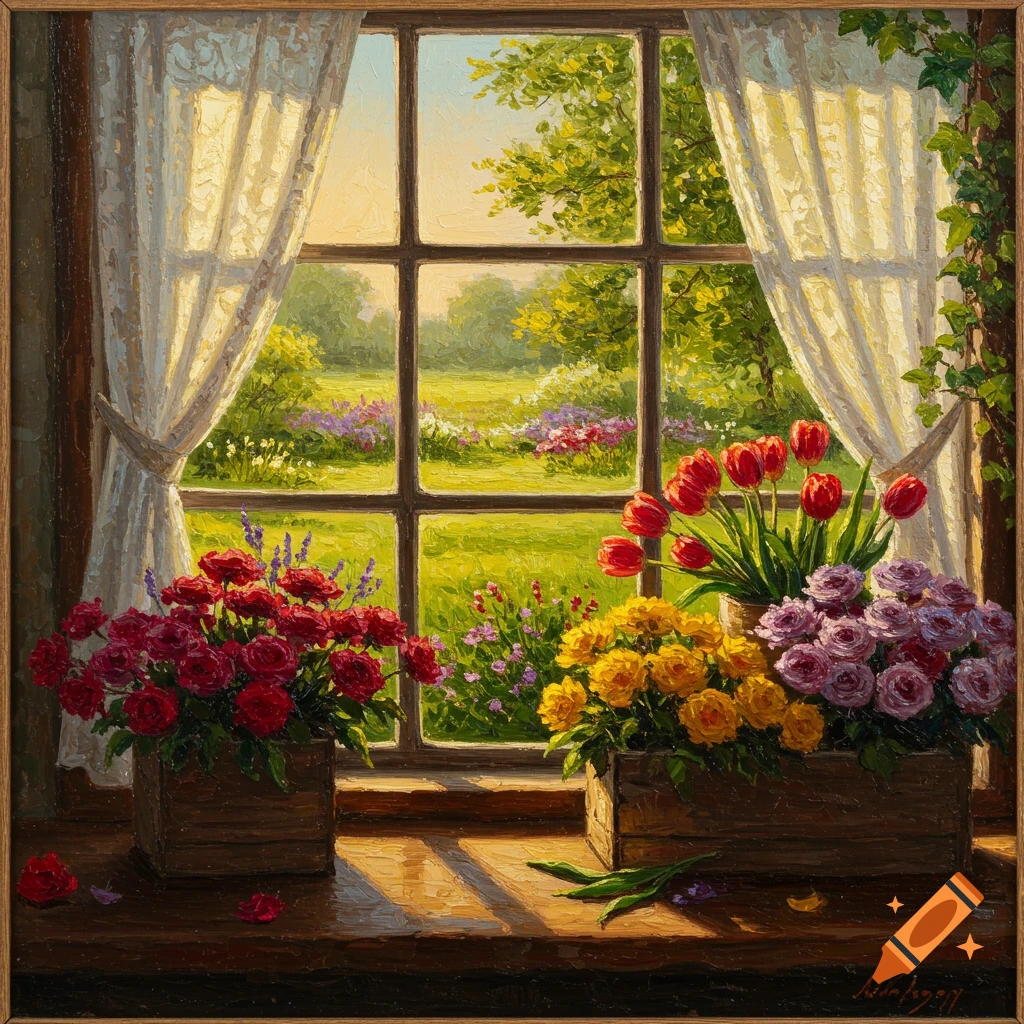 Oil painting of a sunlit window looking out onto a vibrant garden with colorful flowers on the windowsill.
