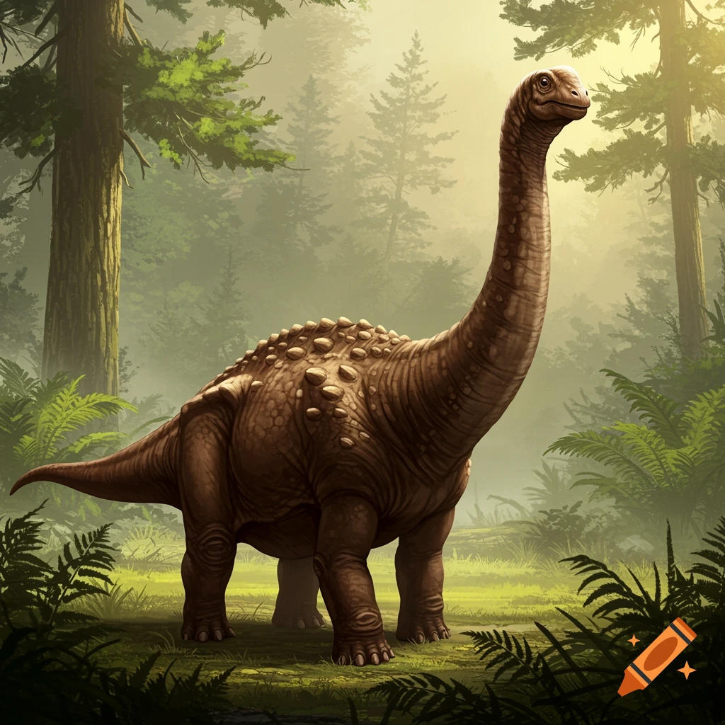 A long-necked sauropod dinosaur with bumpy brown skin stands in a lush, misty forest.