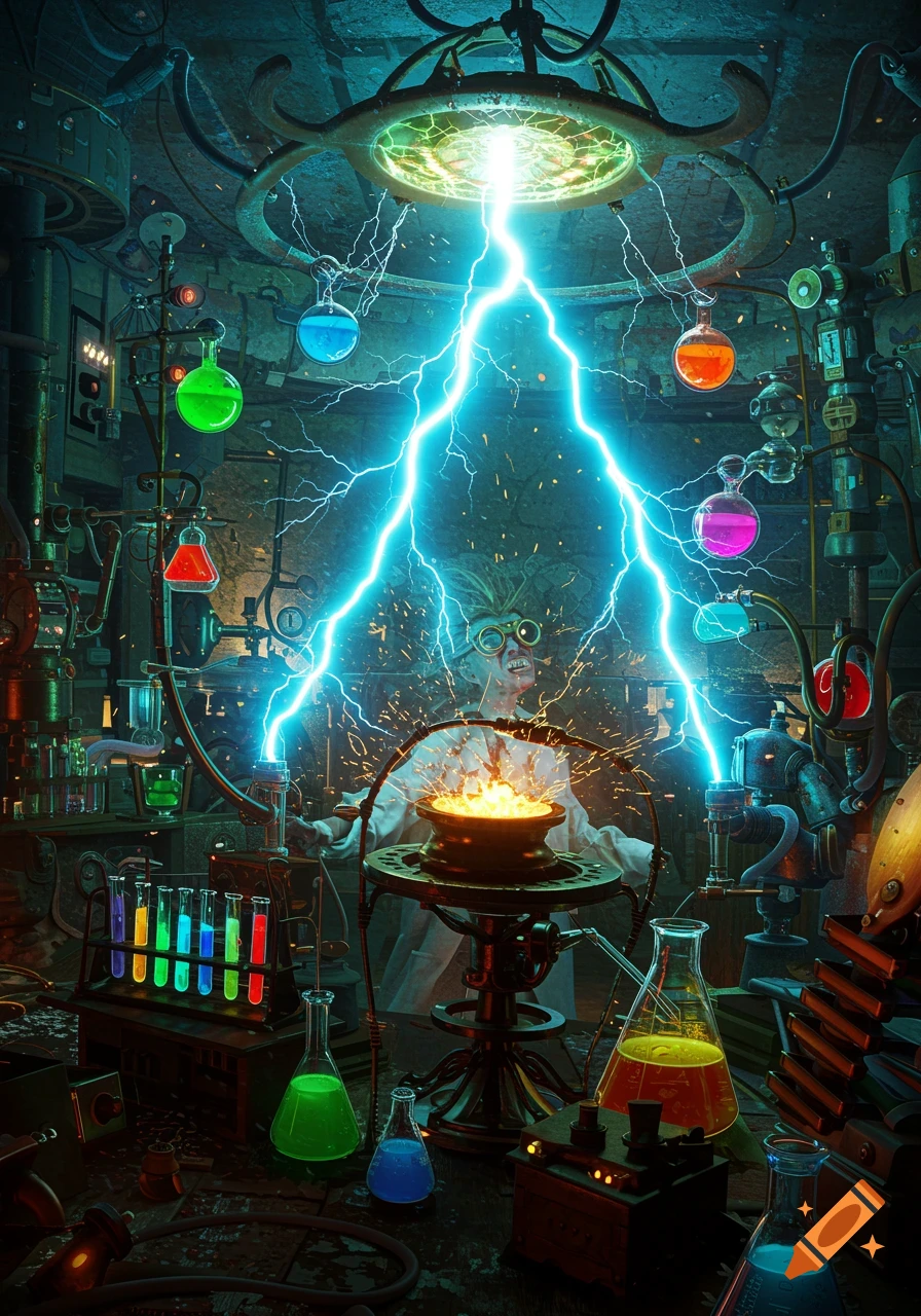 A mad scientist with wild hair and goggles surrounded by glowing beakers and test tubes, generating bright blue electrical arcs in a cluttered, steampunk laboratory.