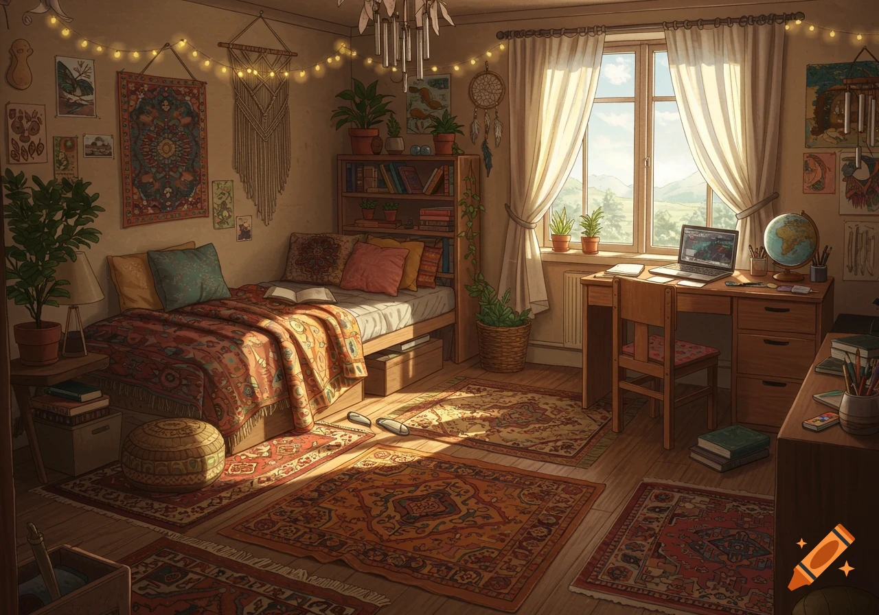 A warm, inviting bohemian-themed bedroom with patterned rugs, string lights, plants, and a desk bathed in sunlight.