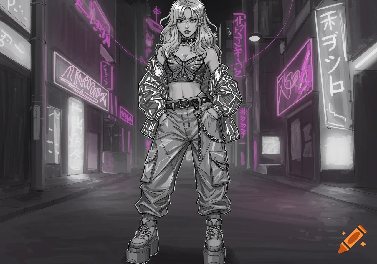 A blonde woman in Y2K fashion with a crop top and cargo pants stands in a dark urban alley with purple neon signs, in an anime sketch style.