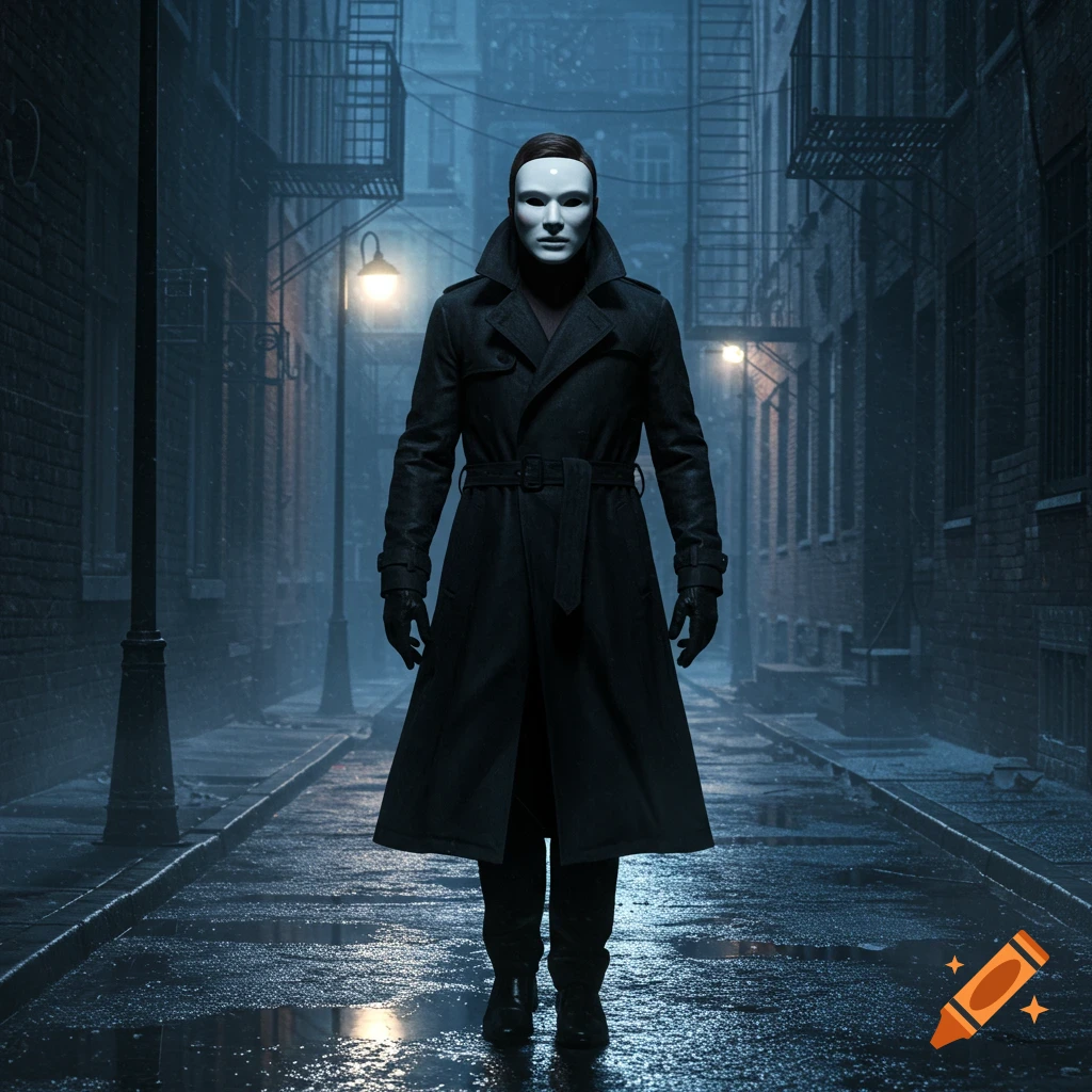 A mysterious person in a black trench coat and white porcelain mask stands in a dark, wet urban alley at night.