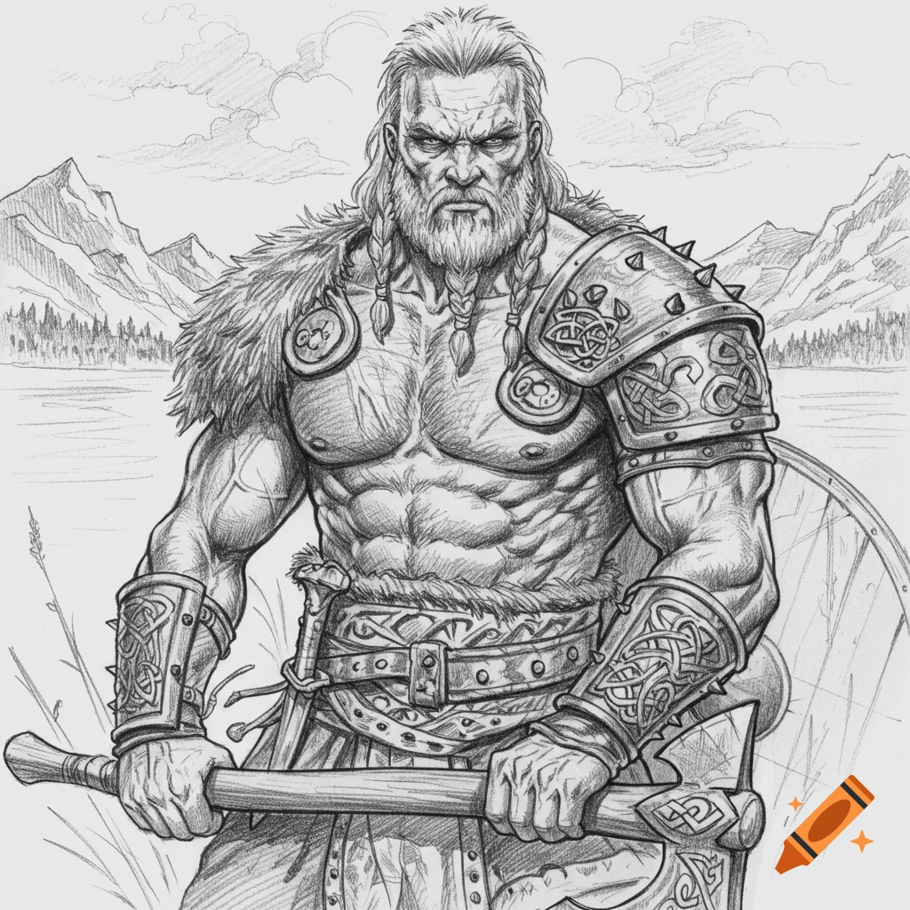 Pencil sketch of a muscular Viking warrior with a beard and braided hair, wearing armor and holding an axe, with mountains behind him.