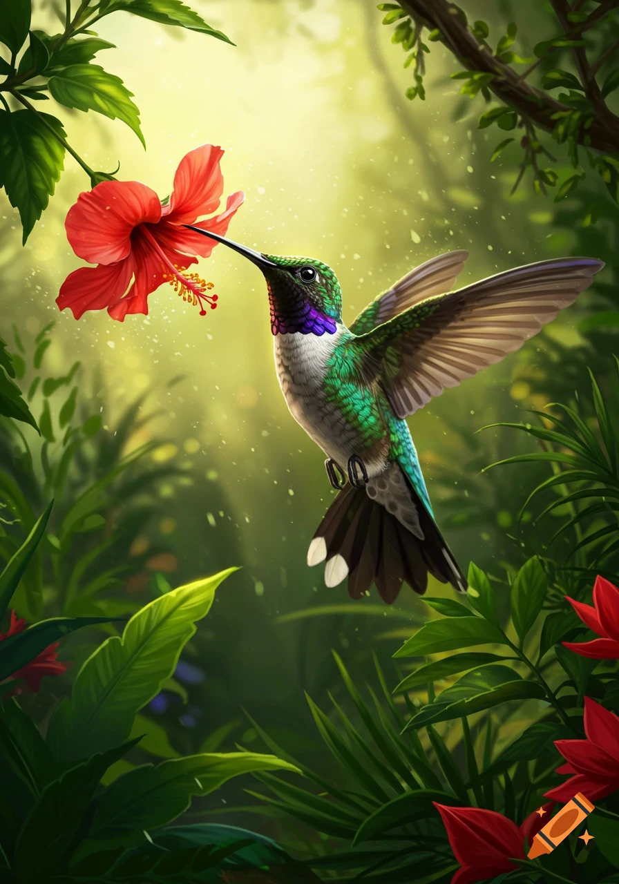 A vibrant green hummingbird hovers near a bright red hibiscus flower in a lush, sunlit tropical jungle.