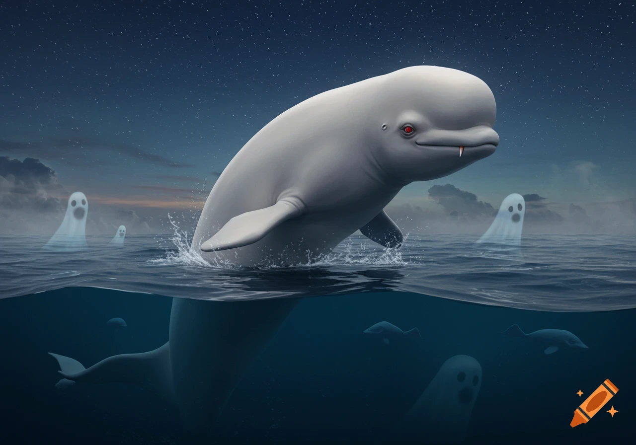 A vampire beluga whale with red eyes and fangs surfaces from the ocean at night, surrounded by floating white ghosts under a starry sky.