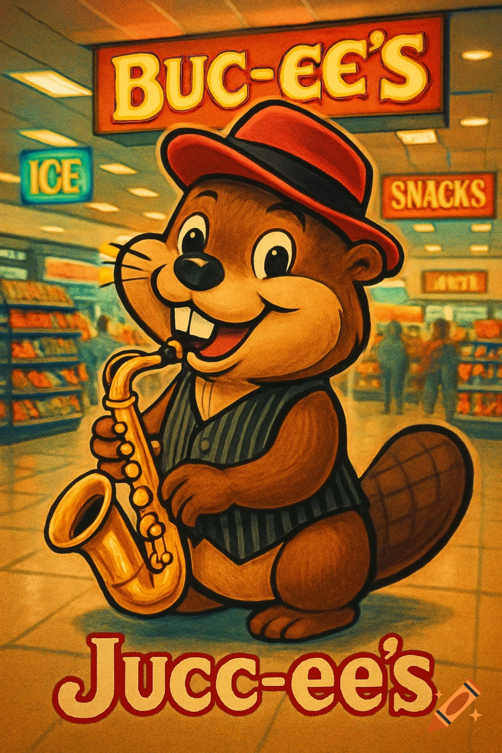 A cartoon beaver in a vest and red hat plays a saxophone in a store with 'Buc-ee's' and 'Jucc-ee's' signs.