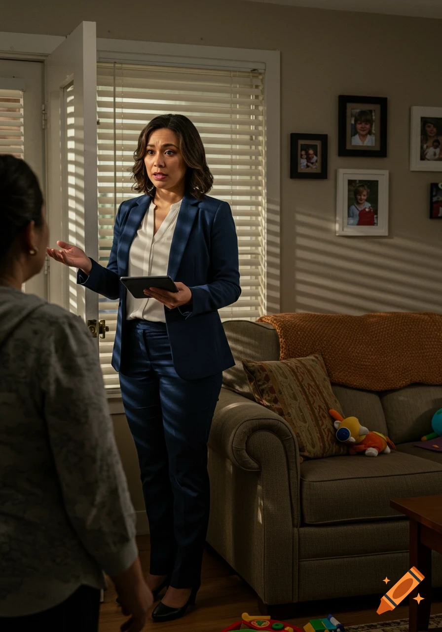 A woman in a blue suit stands in a living room, holding a tablet and gesturing while talking to another person.