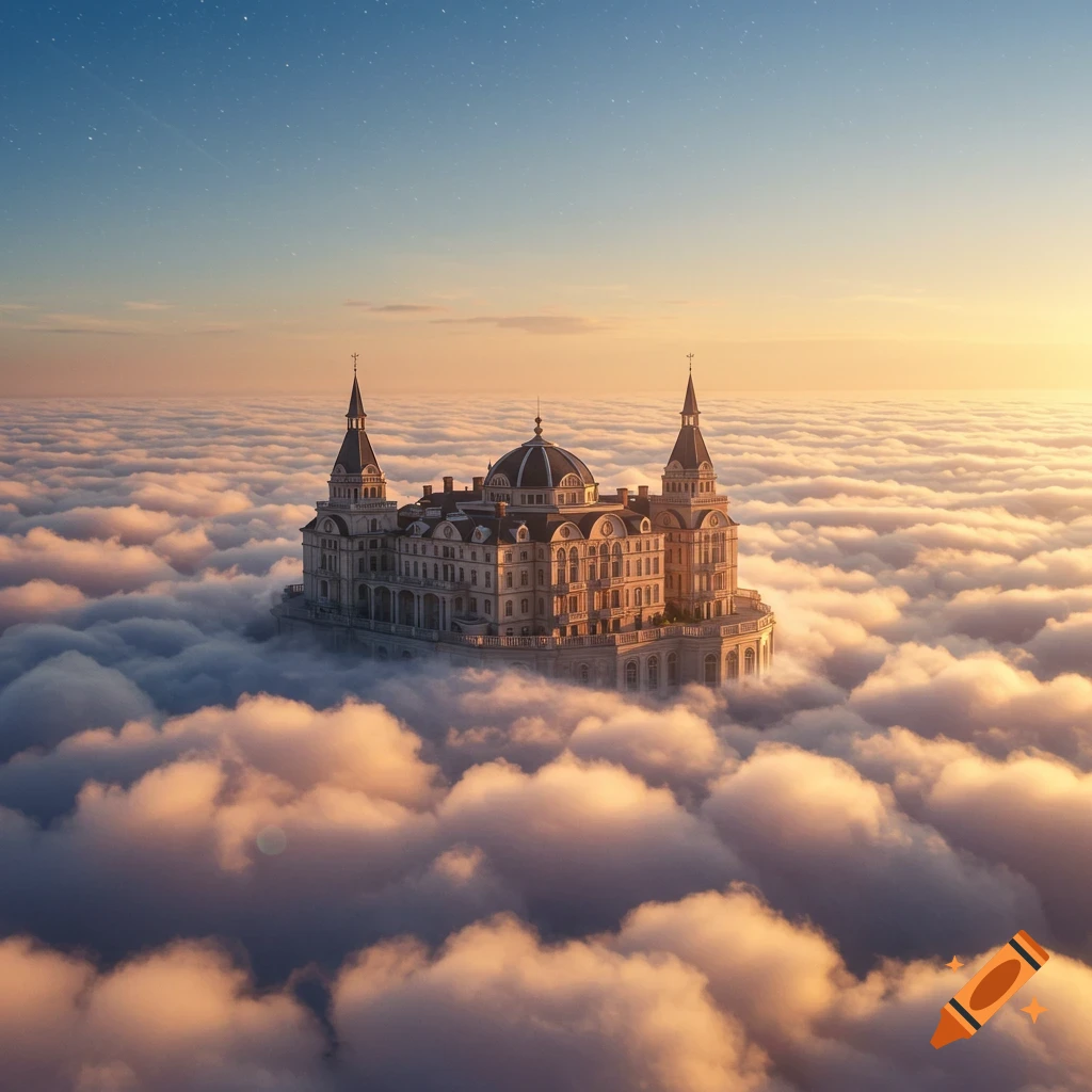 A grand mansion with spires and a dome, seemingly floating on a vast sea of white clouds under a clear sky with a sunset glow.