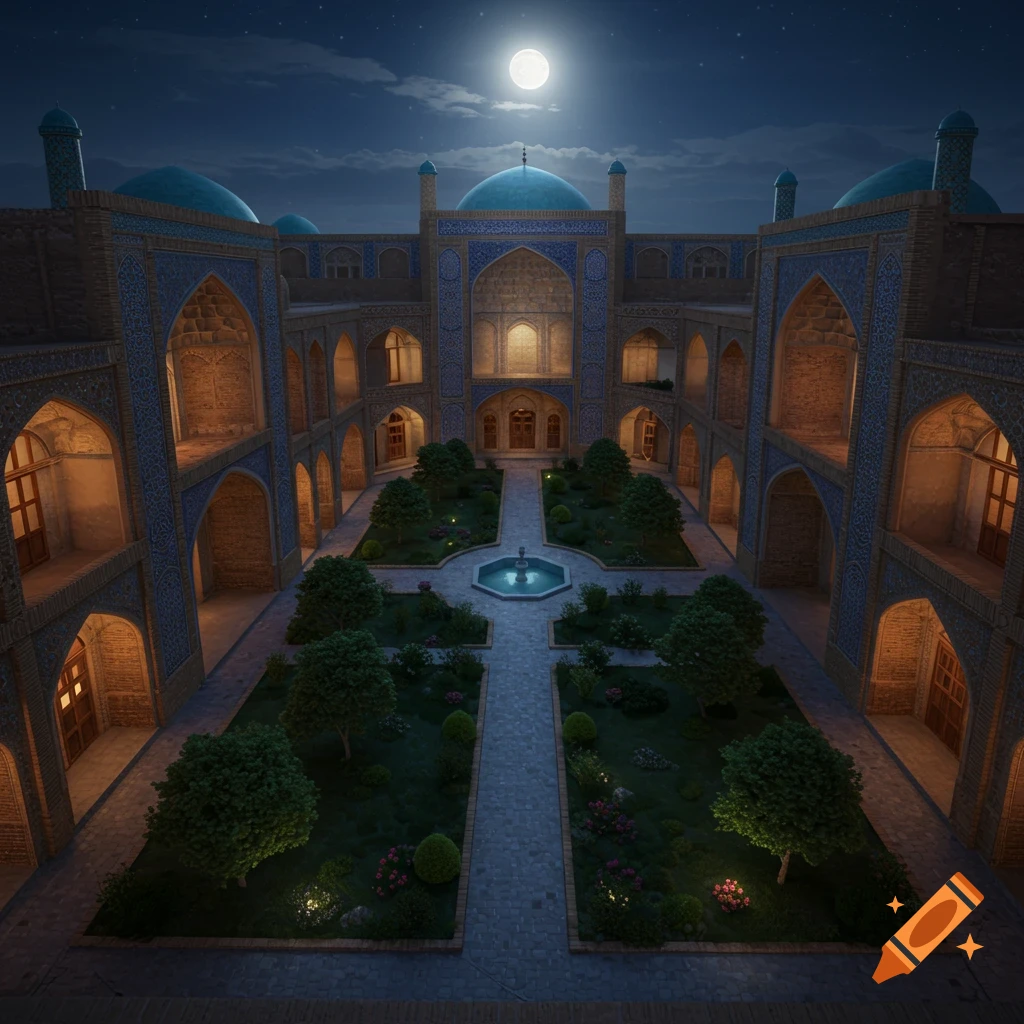 Ornate architectural courtyard at night with a full moon, blue domes, intricate tiled patterns, and a central garden with a fountain.