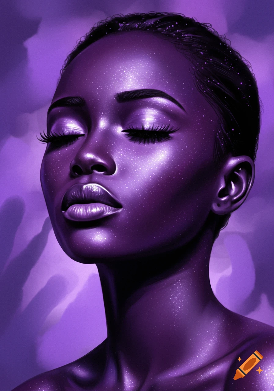 Digital painting of a woman with purple, glittering skin and long eyelashes, eyes closed in a serene pose.