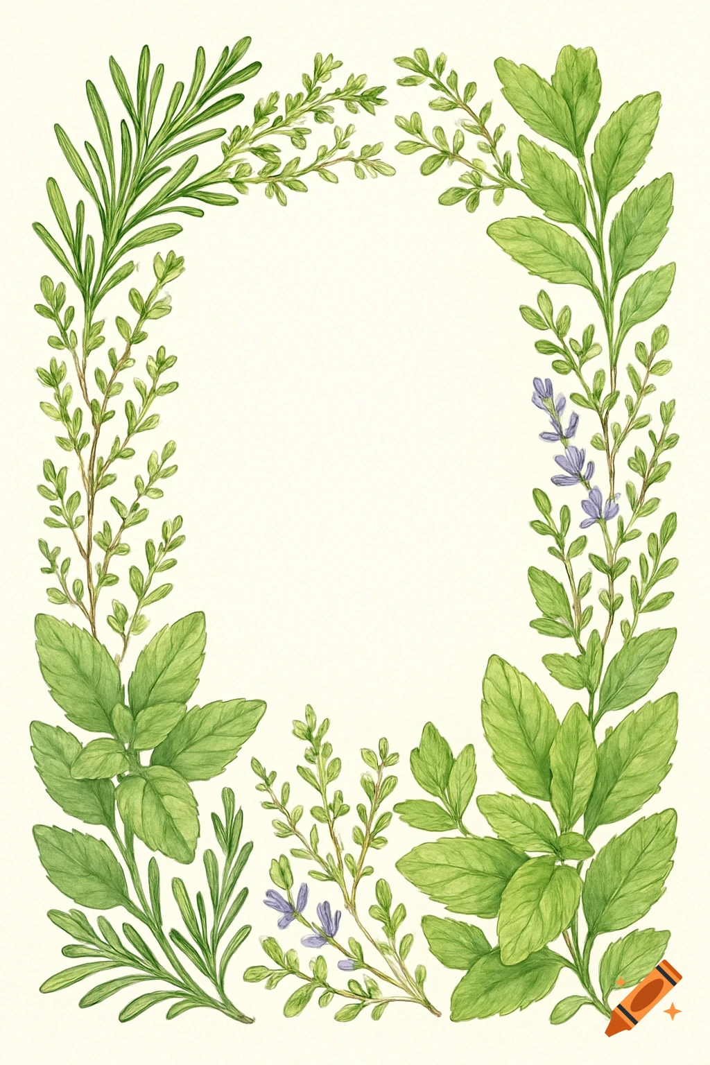 Watercolor illustration of an oval border made of various green herbs and small purple flowers on a light background.
