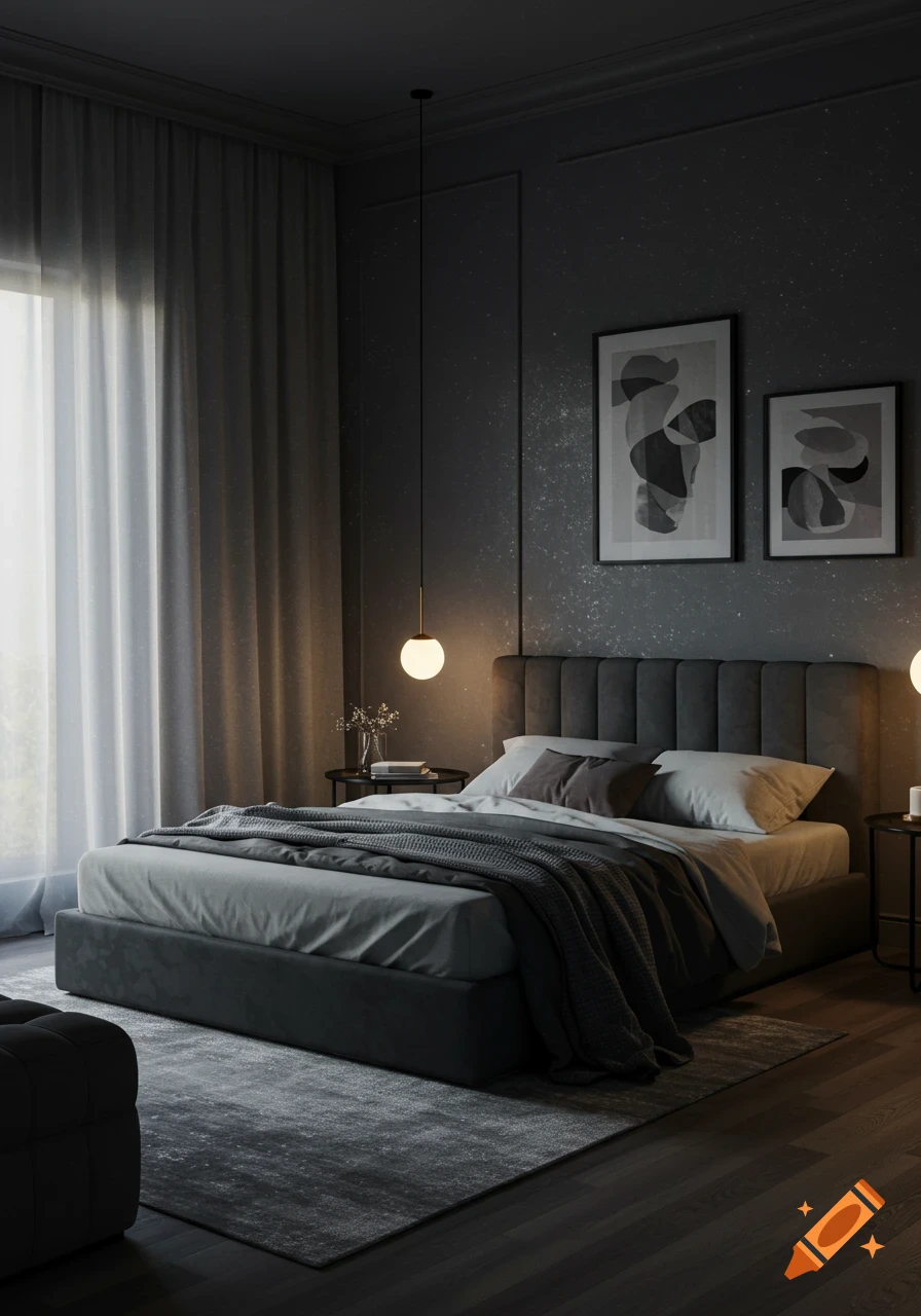 A photorealistic dark gray modern bedroom with a bed, nightstands, lamps, and abstract wall art.