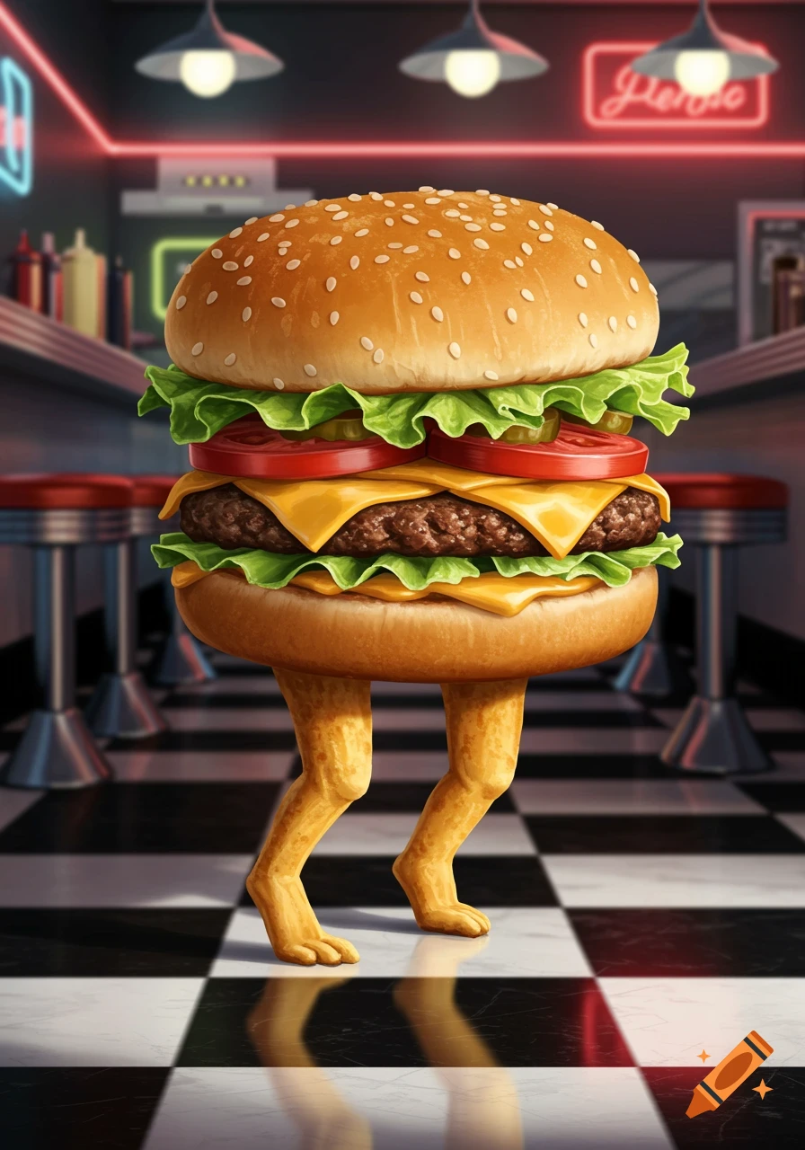 A hamburger with human-like legs stands on a black and white checkered floor in a retro diner.