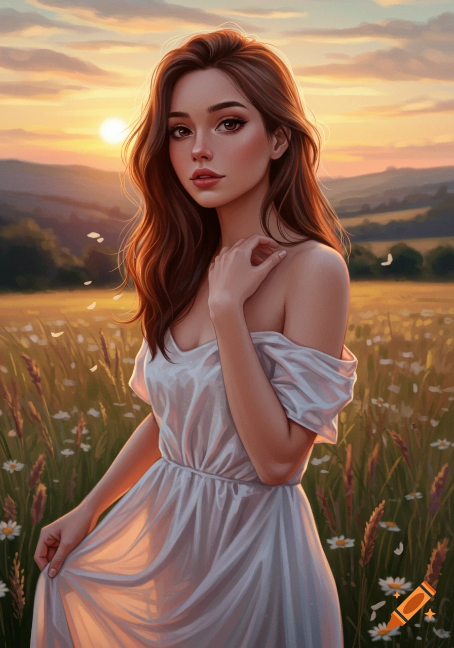 A beautiful young woman with long brown hair in a white dress stands in a golden field of flowers at sunset, digital art.
