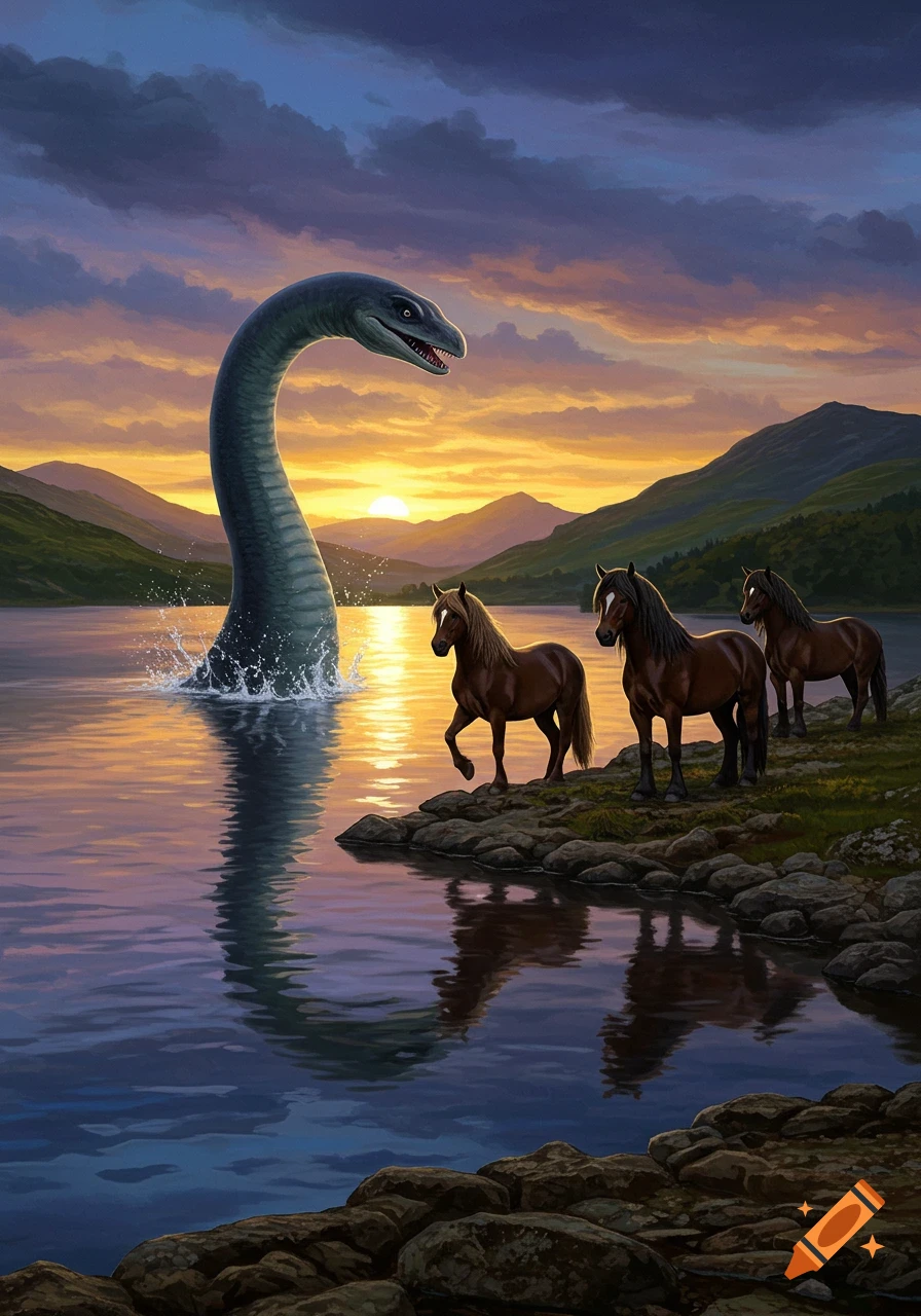 A Loch Ness monster rises from a lake at sunset, while three horses stand on the rocky shore of the mountainous landscape. Digital painting.