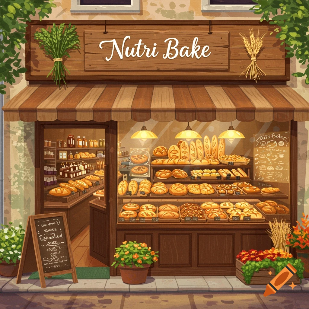 A charming, brightly lit cartoon-style bakery storefront with "Nutri Bake" on a wooden sign. The display windows are filled with various loaves of bread and pastries. Potted plants and wheat bundles decorate the exterior.