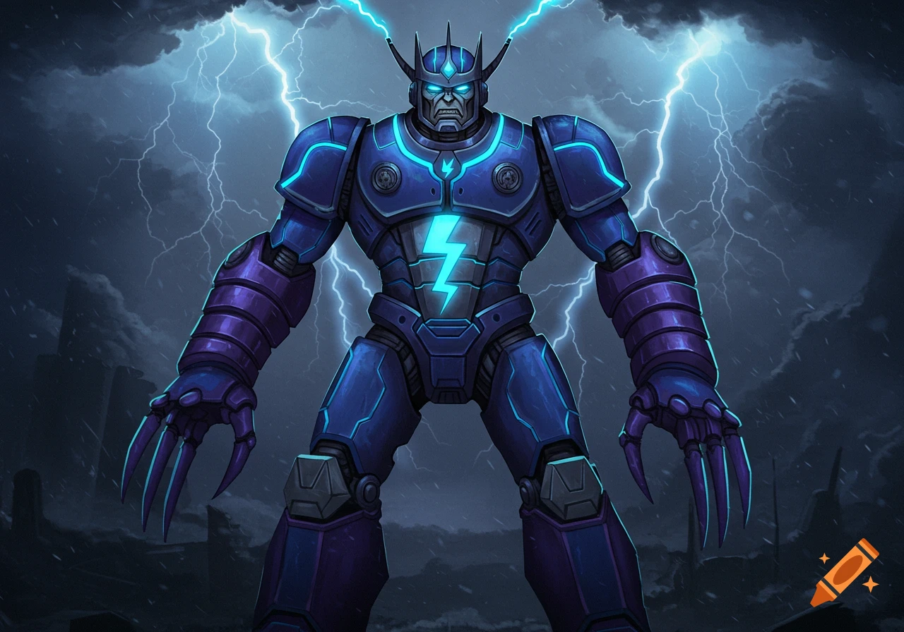 A powerful blue and purple robot with glowing eyes and claws stands under a stormy sky with lightning.