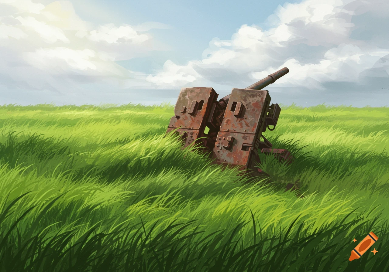 A rusty machine gun post semi-submerged in a vibrant green grass field under a bright, cloudy sky, in a stylized painted art style.