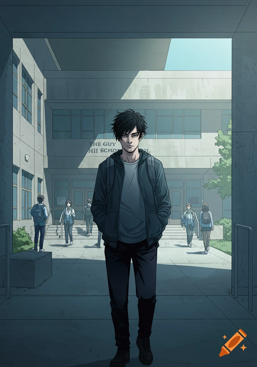 An anime-style male character with black hair and dark clothes stands in front of a high school building. Other students are in the background.