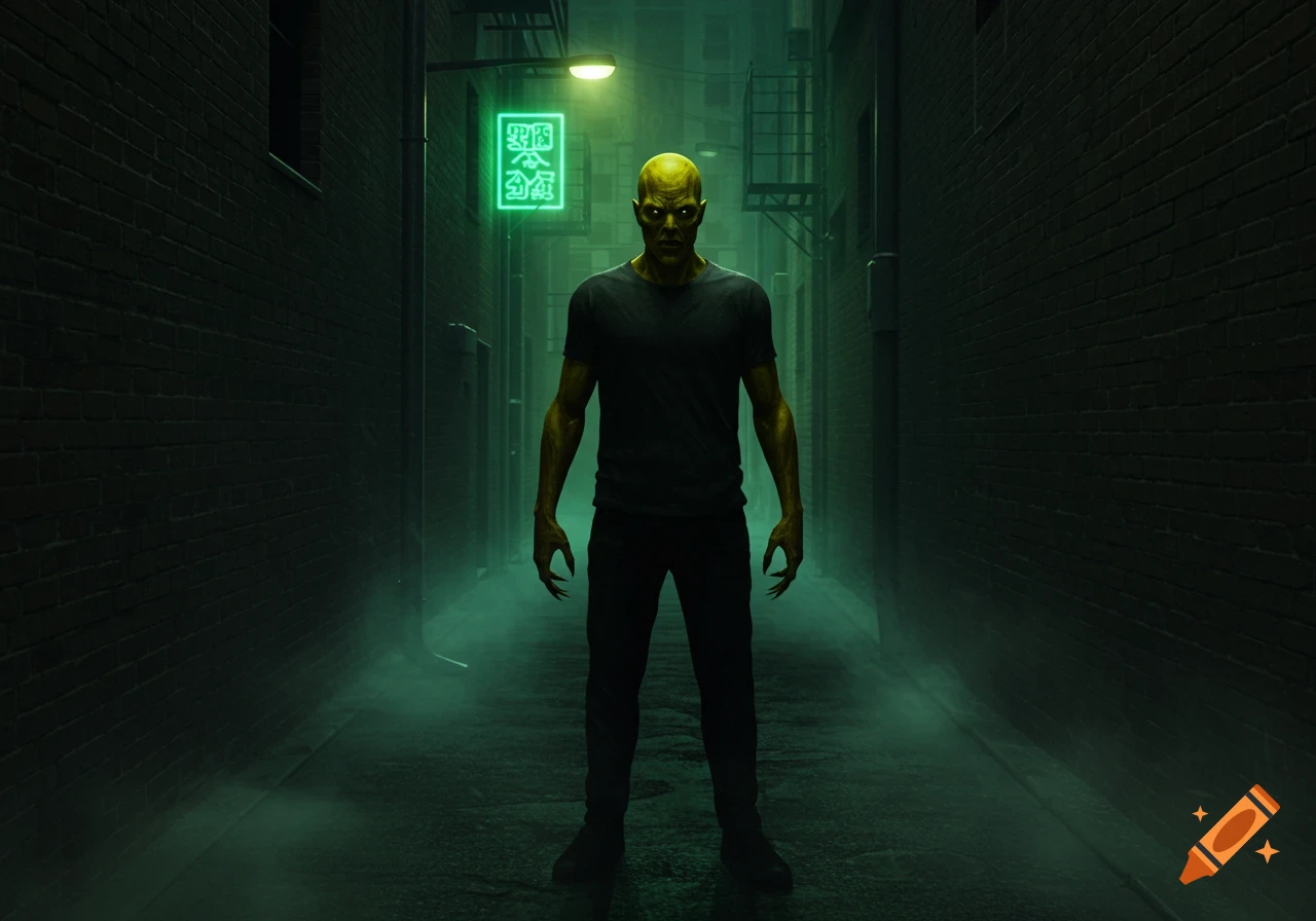 A scary-looking man with green-yellow skin and sharp claws stands in a dark, foggy alley under a glowing green neon sign.