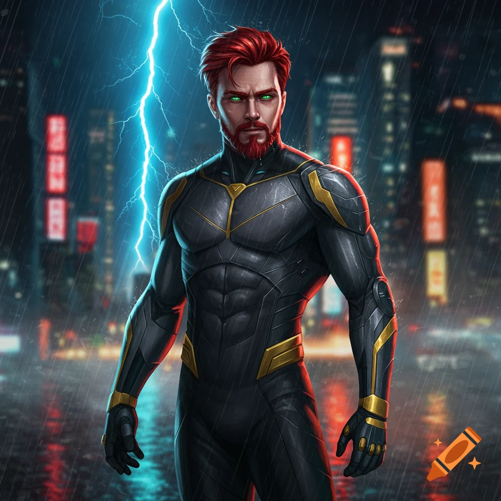 A red-haired superhero with a goatee in a black and gold suit stands in the rain with a lightning bolt behind him in a city at night.