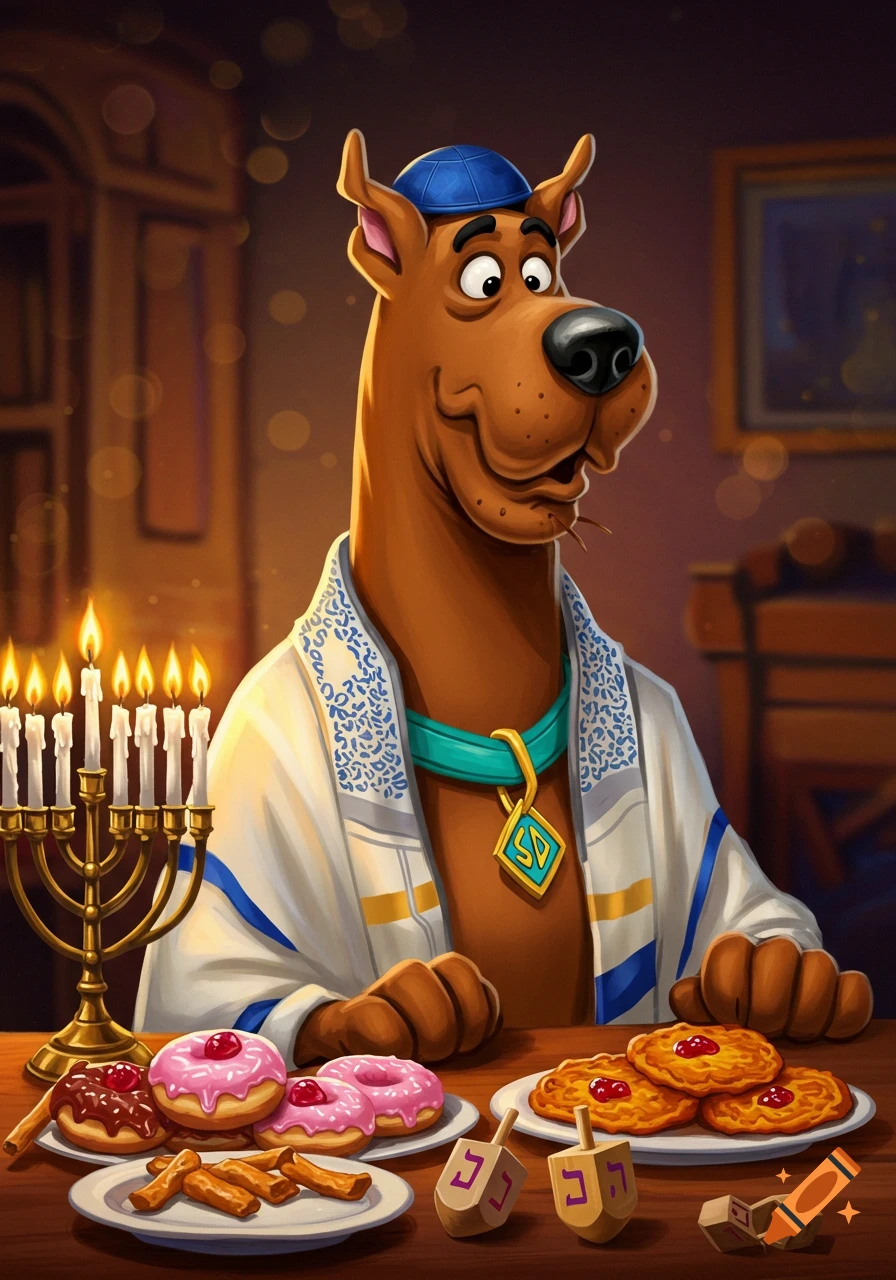 Scooby Doo wearing a tallit and kippah sits at a table with a lit menorah, donuts, latkes, and dreidels.