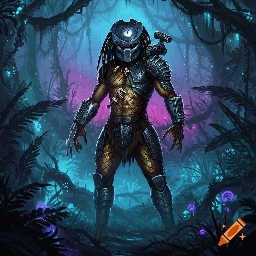 A Predator alien stands in a glowing, dark jungle, depicted in a stylized illustration.