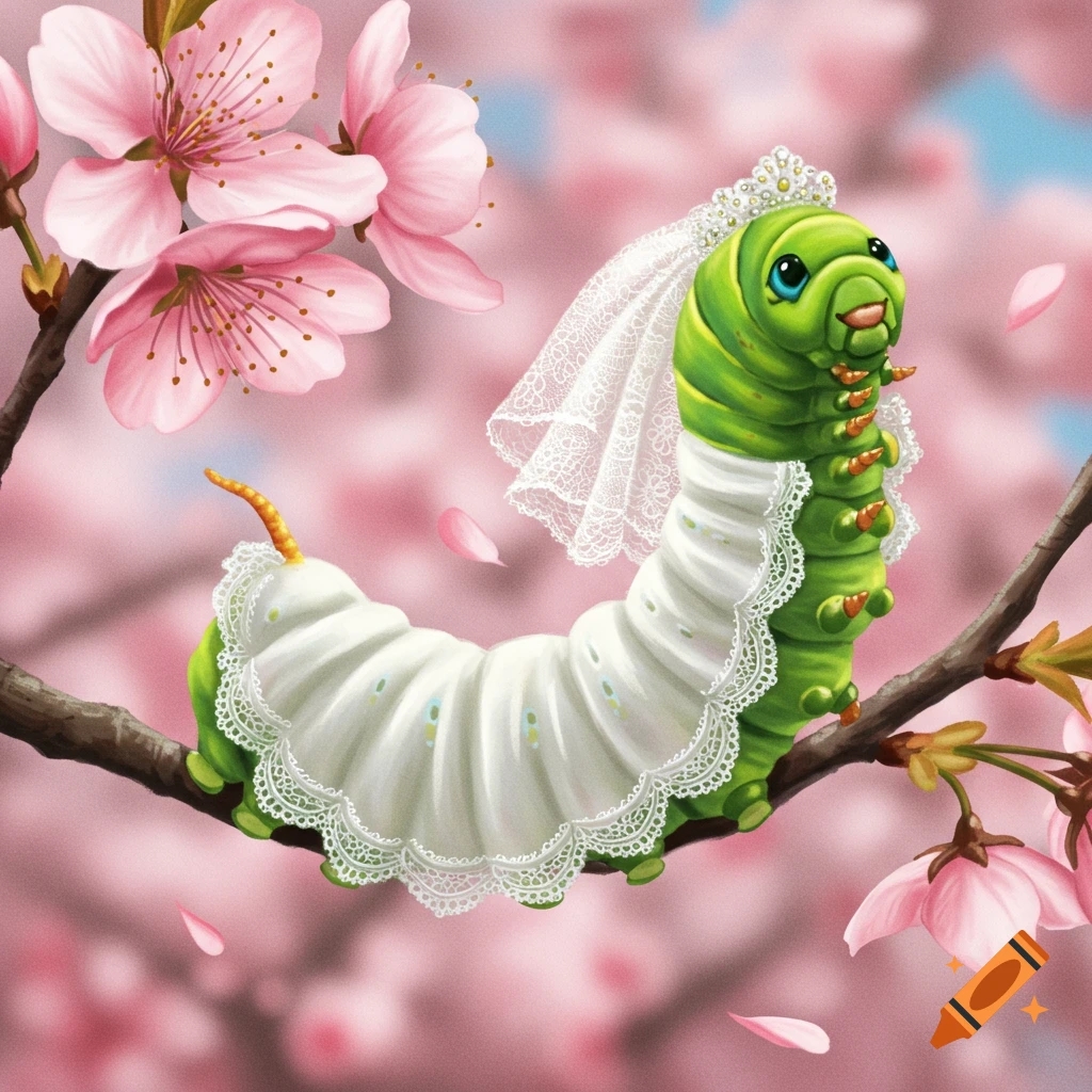 A cute green caterpillar wearing a white wedding dress and veil sits on a cherry blossom branch with pink flowers.