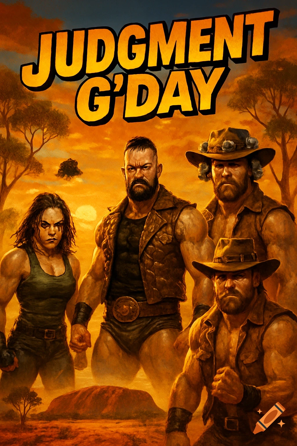 Four muscular characters in rugged Australian-themed attire stand in a desert landscape under text "JUDGMENT G'DAY" in a poster style.
