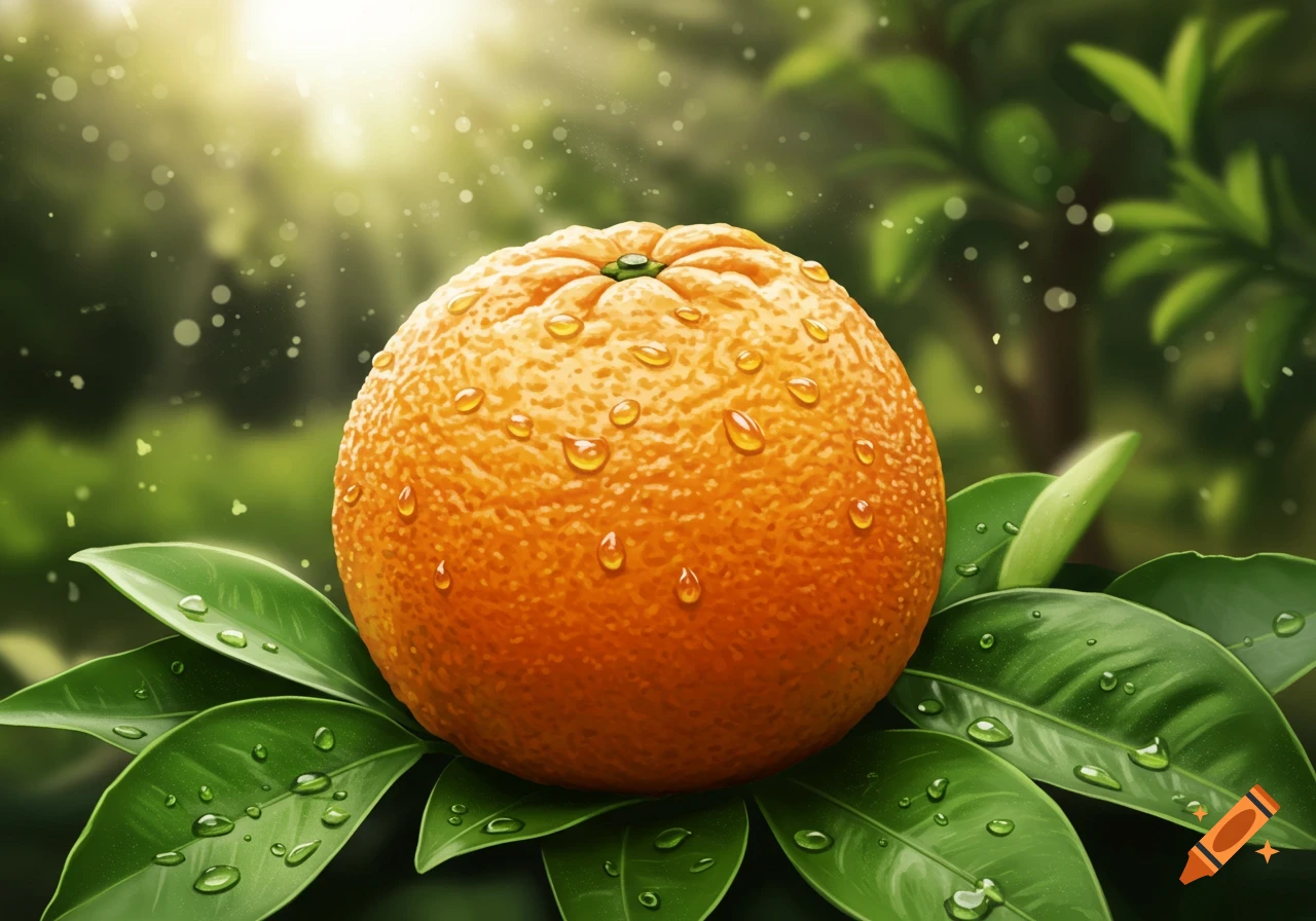 A single ripe orange covered in water droplets rests on green leaves with a sunlit, blurry green background. Photorealistic style.