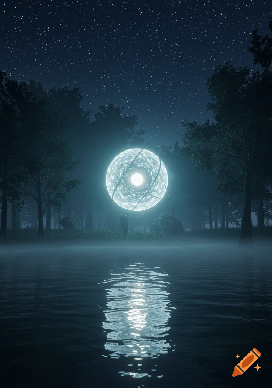 A glowing, swirling orb floats above a calm, misty lake at night, surrounded by dark ancient trees and reflecting starlight on the water.