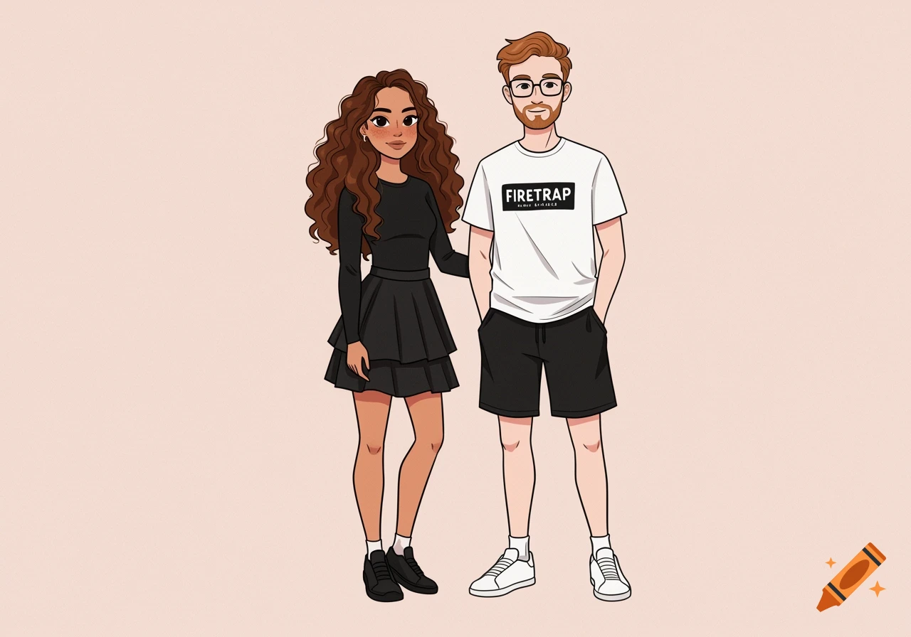 Cartoon drawing of a couple standing. The woman has curly brown hair and wears a black dress; the man has red hair, glasses, and a white t-shirt.