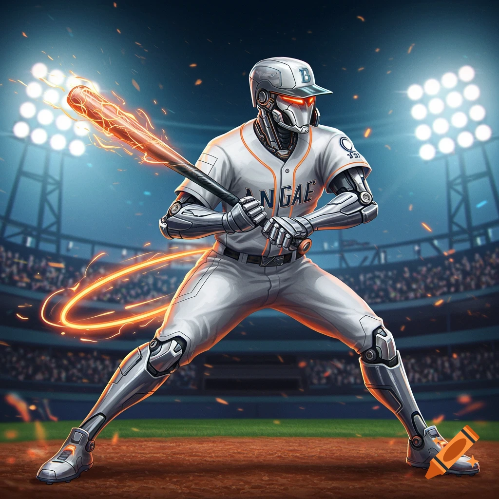A futuristic robot baseball player in a white uniform holding a glowing bat on a baseball field at night.
