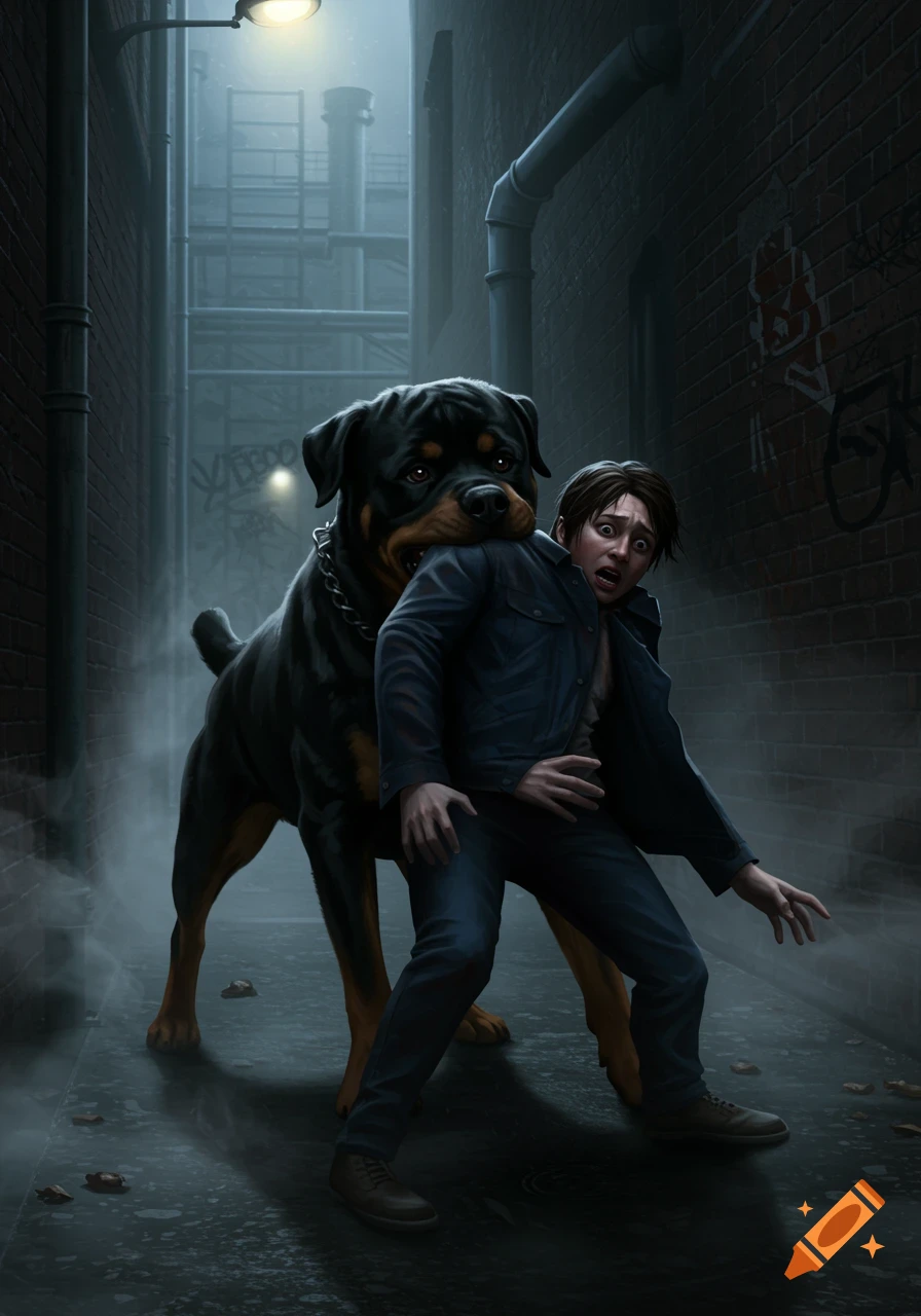 A large Rottweiler dog grips a terrified person by their jacket in a dark, wet alleyway under a streetlamp.