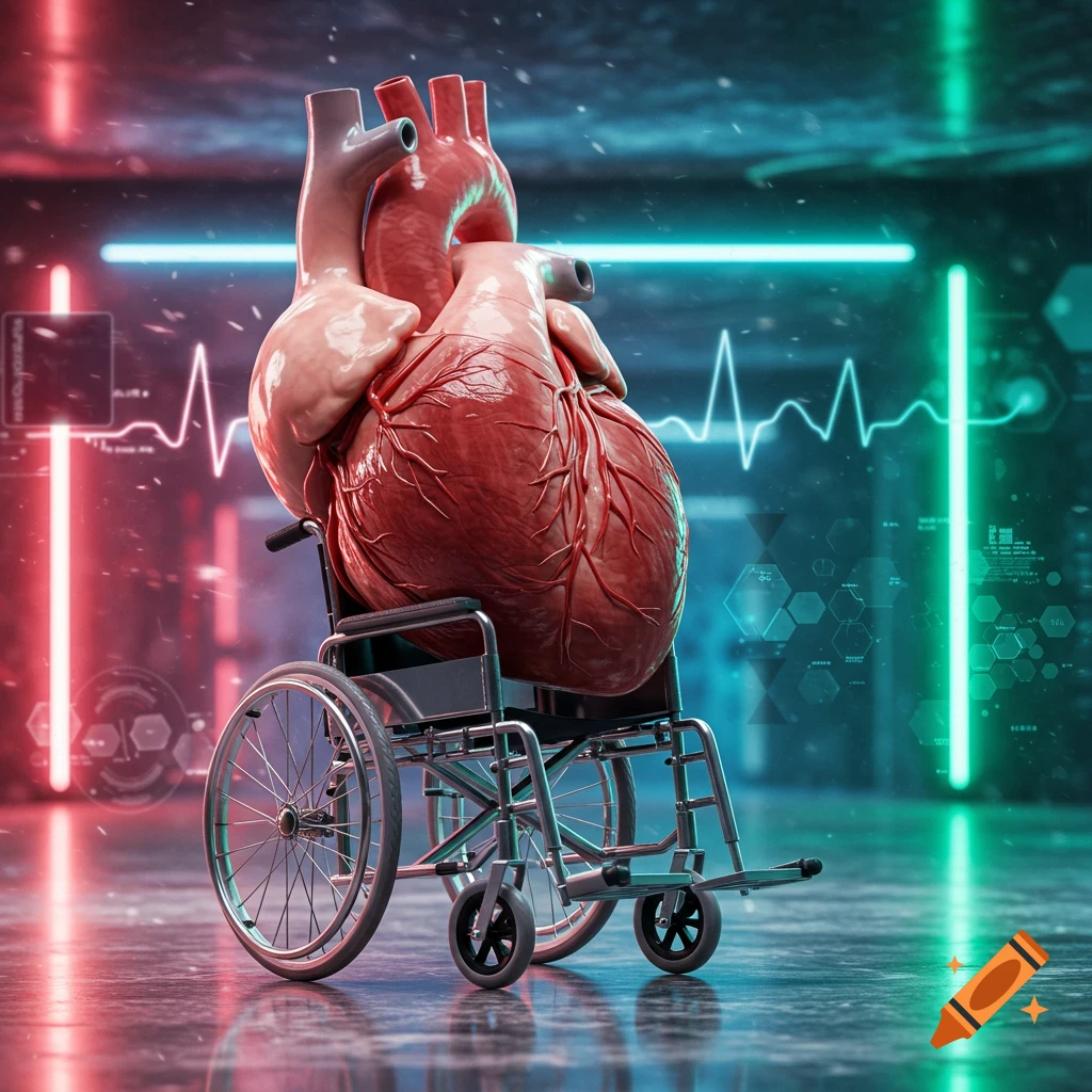 A realistic human heart sits in a wheelchair in a dark, futuristic room with neon lights and a glowing EKG line.