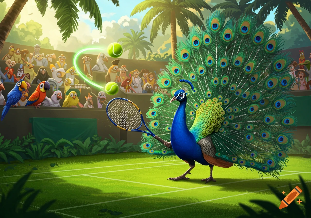 A cartoon peacock plays tennis on a green court, holding a racket, with tennis balls in the air and a crowd of cartoon animals watching.
