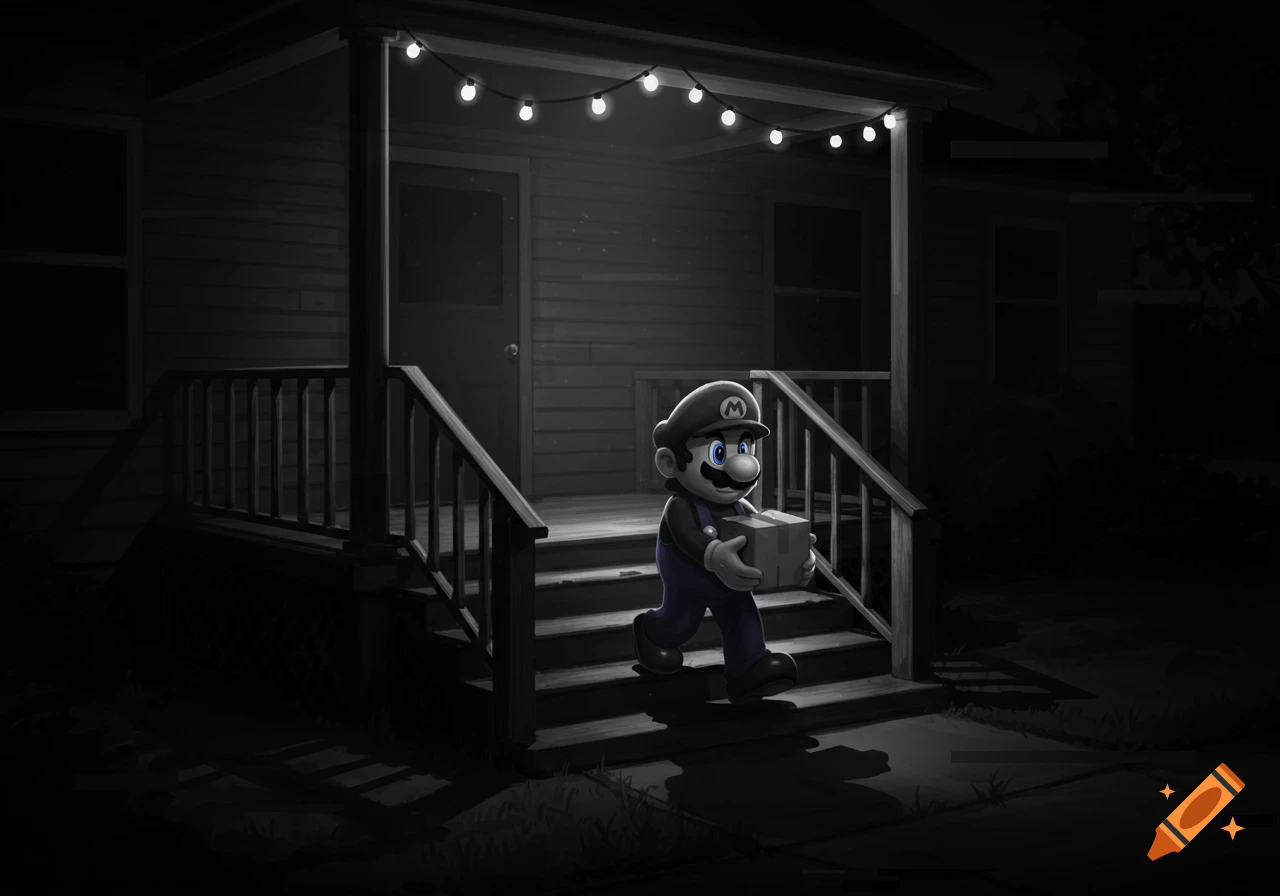 Mario descends steps from a dimly lit house at night, carrying a cardboard box. The house porch is lit by string lights.