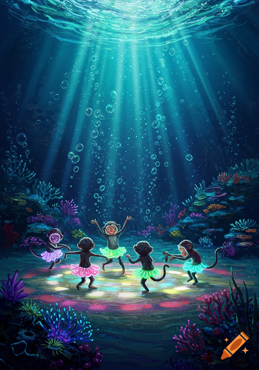 Five cartoon monkeys dance on a colorful light floor in a vibrant underwater disco with coral and sunbeams.